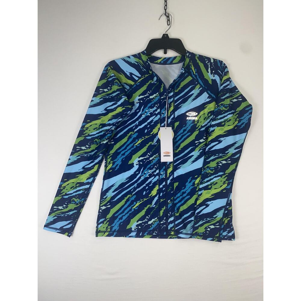 AXESEA Rash Guard Kids 10 Blue Green Long Sleeve Zip Swim Shirt UPF 50+ Sun